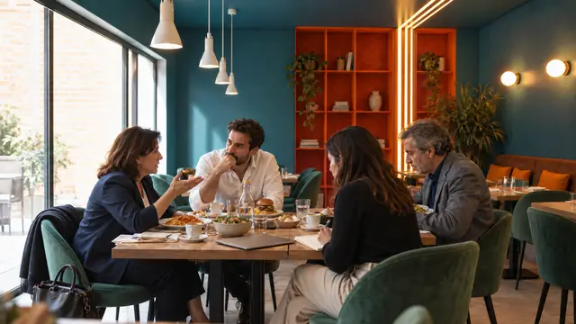 Quattro colleghi a pranzo vicino alla finestra, il portatile chiuso sul tavolo.