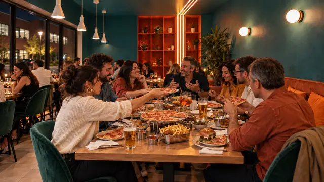 Una tavolata lunga la sera, un piatto passa da un capo all'altro e al centro c'è una pizza americana col salame piccante.